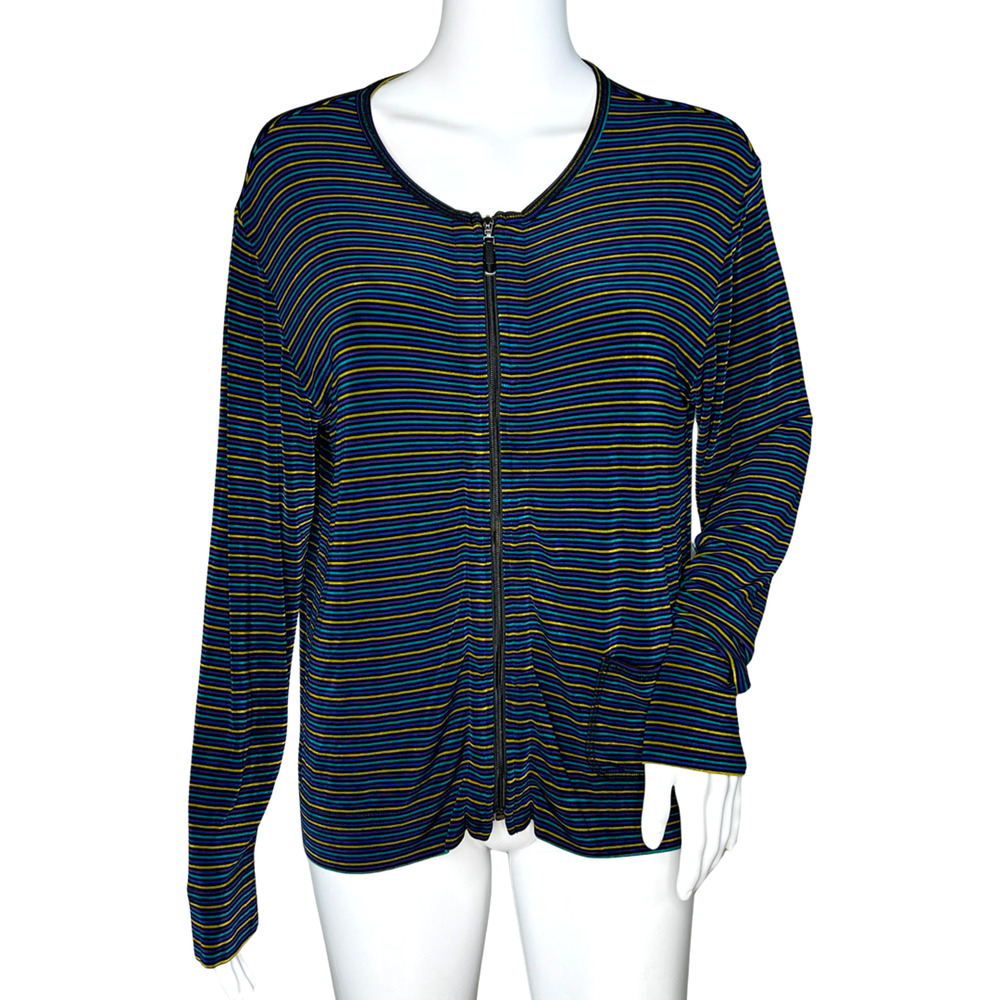 Chicos Shirt Womens Small 0 Green Purple Stripe Full Zip Casual Travel Vintage